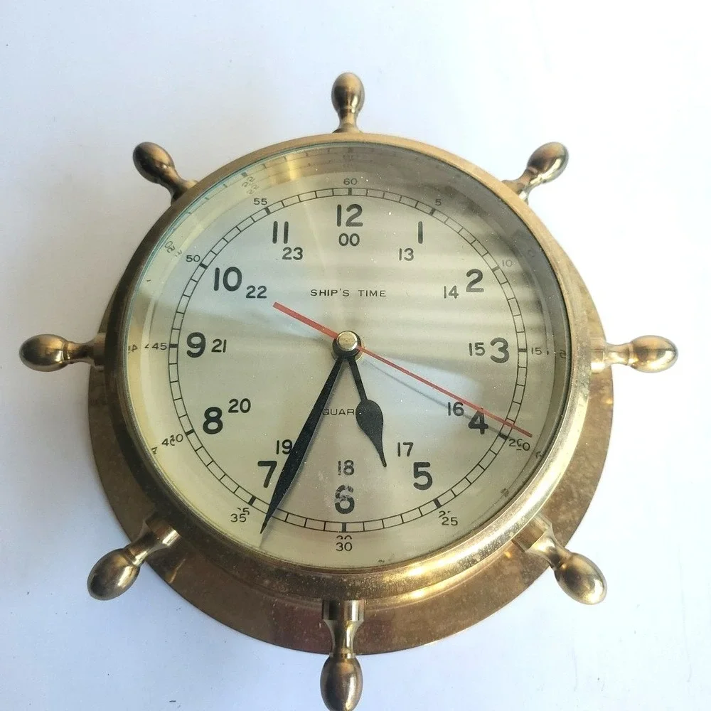 Vintage Ship's Time Solid Brass Wheel Nautical Marine Quartz Wall Clock Working